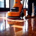 Worker polishing floor with polishing machine, maintenance janitorial work on building