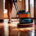 Worker polishing floor with polishing machine, maintenance janitorial work on building