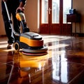 Worker polishing floor with polishing machine, maintenance janitorial work on building