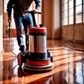 Worker polishing floor with polishing machine, maintenance janitorial work on building