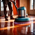 Worker polishing floor with polishing machine, maintenance janitorial work on building