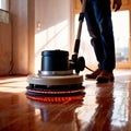 Worker polishing floor with polishing machine, maintenance janitorial work on building