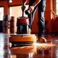 Worker polishing floor with polishing machine, maintenance janitorial work on building