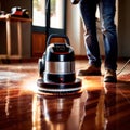 Worker polishing floor with polishing machine, maintenance janitorial work on building