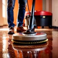 Worker polishing floor with polishing machine, maintenance janitorial work on building