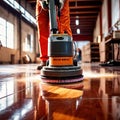 Worker polishing floor with polishing machine, maintenance janitorial work on building