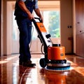 Worker polishing floor with polishing machine, maintenance janitorial work on building