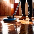 Worker polishing floor with polishing machine, maintenance janitorial work on building