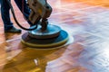 worker polishing a hardwood floor with a large buffing machine Royalty Free Stock Photo