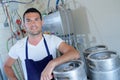 Worker posing next to barrel at brewery Royalty Free Stock Photo