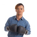 Worker is prepared for corporate battles. Black young man wears