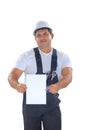 Worker presenting empty board Royalty Free Stock Photo