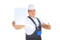 Worker presenting empty board and making ok sing Royalty Free Stock Photo