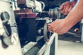 Worker Processing Metal Piece Using Lathe Machine Close Up