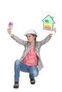 Worker promoting energy savings. Royalty Free Stock Photo