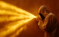 A worker in protective gear applies a golden spray coating, creating a radiant, textured effect Royalty Free Stock Photo