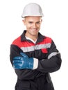 Worker with protective helmet and gloves