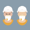 Worker in a protective helmet and respirator vector flat