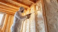 Worker in protective suit applying insulation foam to interior wall during construction process Royalty Free Stock Photo