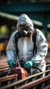 Worker in protective suit and mask spraying insecticide on steel structure, vertical photo