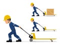 A worker is pulling the pallet truck on transparent background