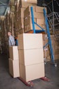 Worker pulling trolley with boxes in warehouse Royalty Free Stock Photo
