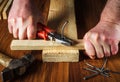 Worker pulls the bent nail out of the board with pliers. Woodworker hands closeup. Working environment in the workshop Royalty Free Stock Photo