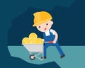 Worker pushing a money cart of bitcoin, cryptocurrency mining co