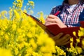 Worker in a rapeseed field doing inspection for biodiesel production