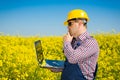 Worker in a rapeseed field doing inspection for biodiesel production Royalty Free Stock Photo