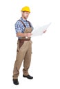 Worker reading blueprint over white background