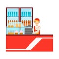 Worker In Red Uniform With Fridge With Drinks Assortment, Smiling Person Having A Dessert In Sweet Pastry Cafe Vector