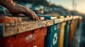 Worker in reflective gear sorting brightly colored recycling bins outdoors in an urban environment Royalty Free Stock Photo