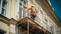 Worker Renovating Classic Building Wall on Scaffolding. Generative ai