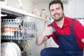 Worker repairing dishwasher in the kitchen Royalty Free Stock Photo