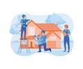 Worker repairing the roof. Group of constructors, roofers, foremen, house. Renovation, housekeeping, repair concept. Royalty Free Stock Photo