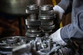 A worker repairs the car`s transmission