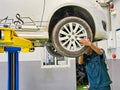 Worker repairs the wheel