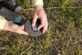 The worker replaces the grinding stone in the angle grinder