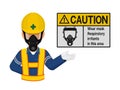 A worker with respiratory mask is presenting respiratory mask warning sign