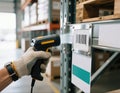 Worker in Glove Scans Barcode on a Warehouse Rack, generative ai Royalty Free Stock Photo