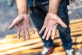 Worker`s hand very hard working in the field of construction carpenter and smith