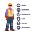 Worker in safety equipment. Construction engineer wearing protective clothes and tools, helmet boots glasses. Vector