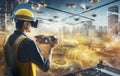 Worker in safety gear and AR glasses operates a drone against a futuristic construction site