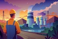 Worker in safety gear observes a power plant at dusk Royalty Free Stock Photo
