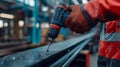 Worker in safety gear using power drill in industrial setting Royalty Free Stock Photo
