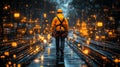 Worker in safety gear walking on illuminated industrial path Royalty Free Stock Photo