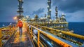Offshore Oil Platform Worker Walks on Bridge in Evening, Safety First Royalty Free Stock Photo