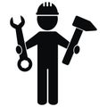 Worker with safety helmet and tool, black vector icon Royalty Free Stock Photo