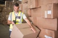 Worker scanning package in warehouse Royalty Free Stock Photo